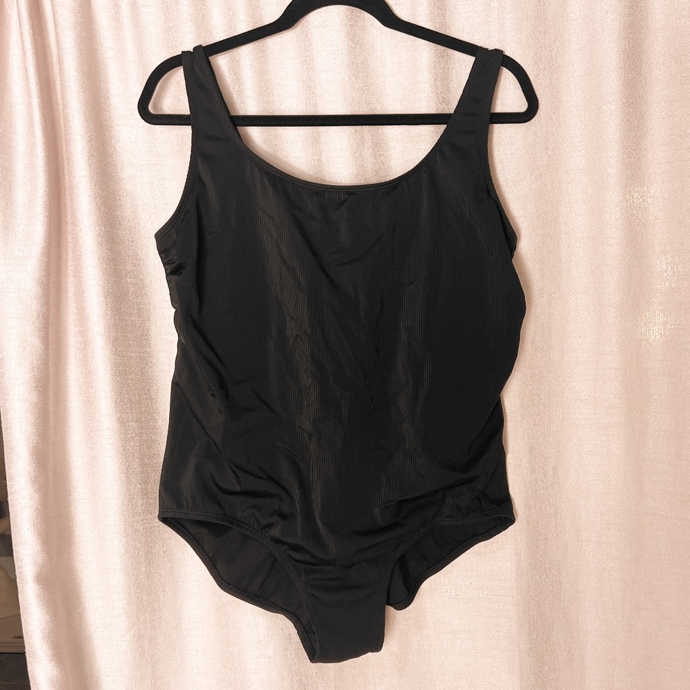 Like New One Piece Black Ribbed Bathing Suit with Built-In Bra Chest Support